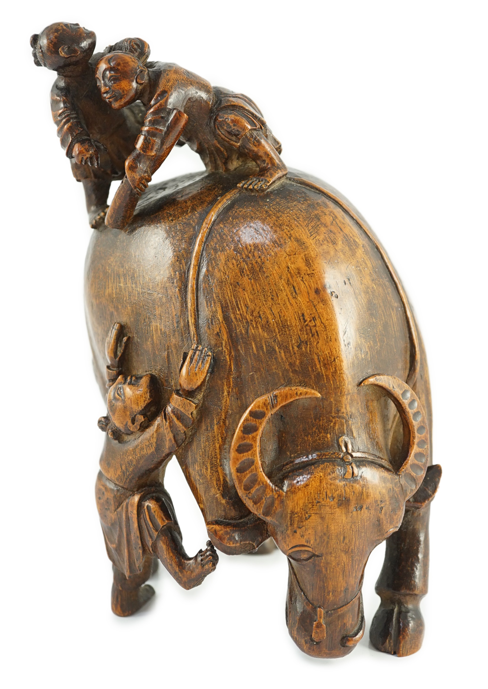 A Chinese bamboo ‘boys and buffalo’ group, 18th/19th century, 19.5cm high, one buffalo leg lacking